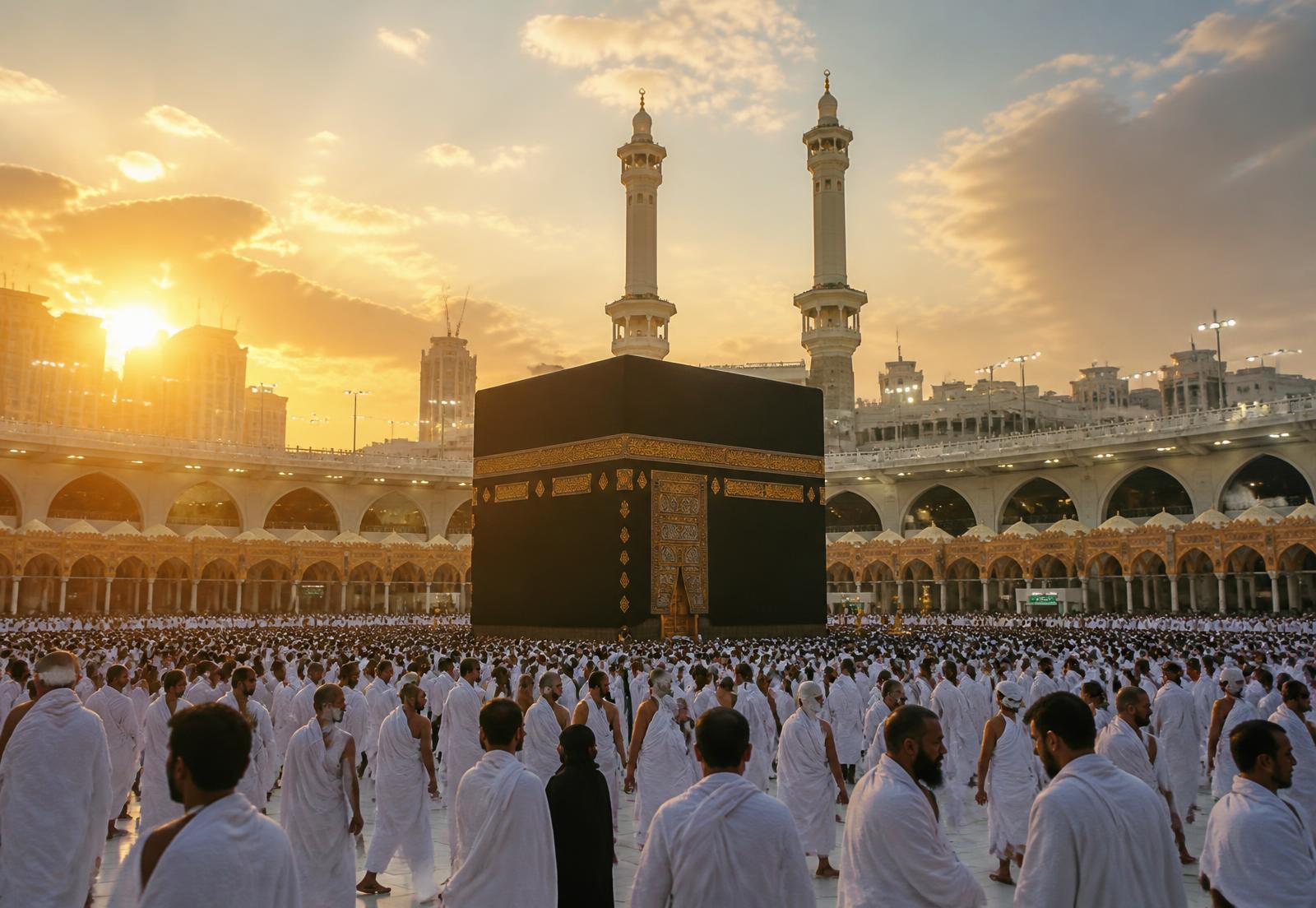 Vue de la Kaaba à La Mecque au lever du soleil avec des pèlerins en ihram